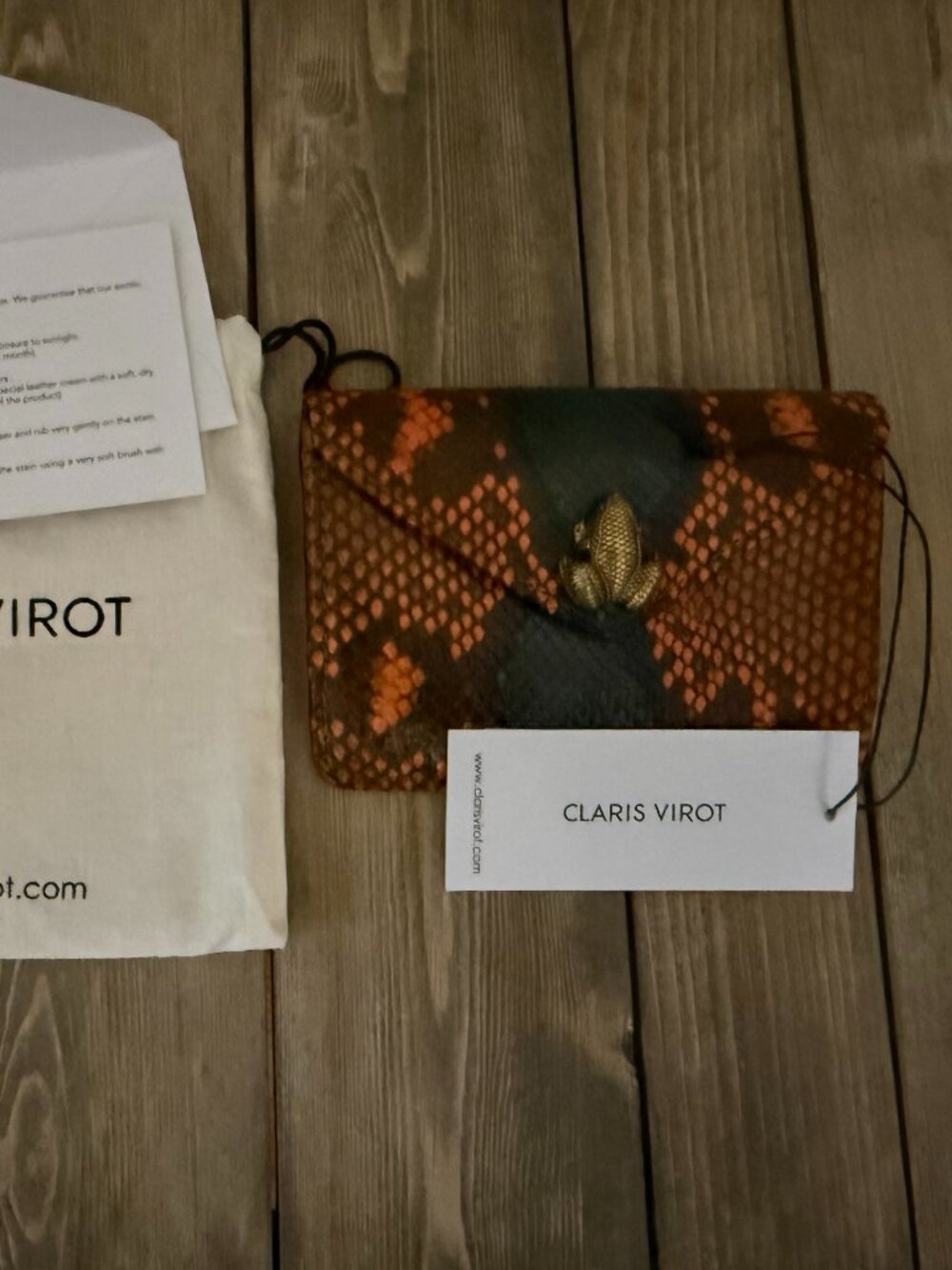 Claris Virot Alex Python Snakeskin Wallet Orange Teal Scarab Clasp